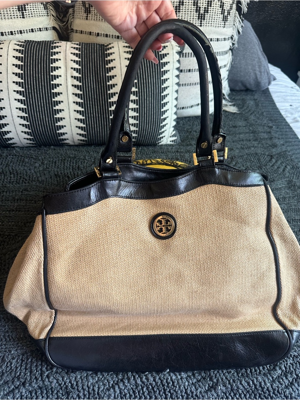 Tory Burch Beige Canvas Tote with Black Leather Trim